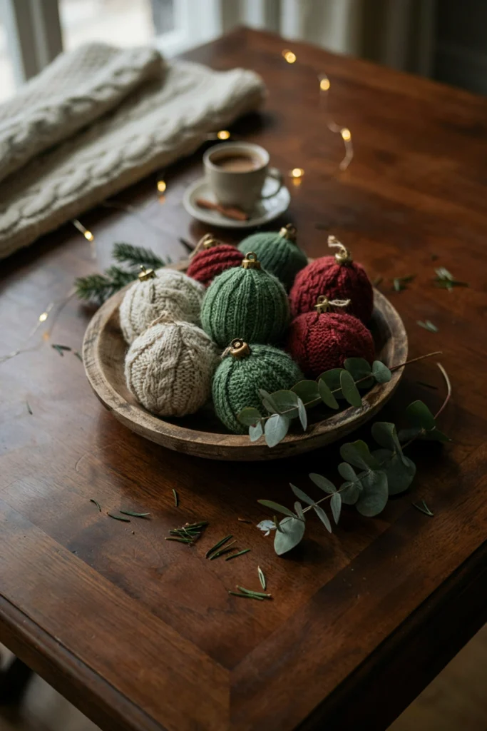 Chunky knit ornament balls made from cut-up sweater sleeves in a wooden bowl