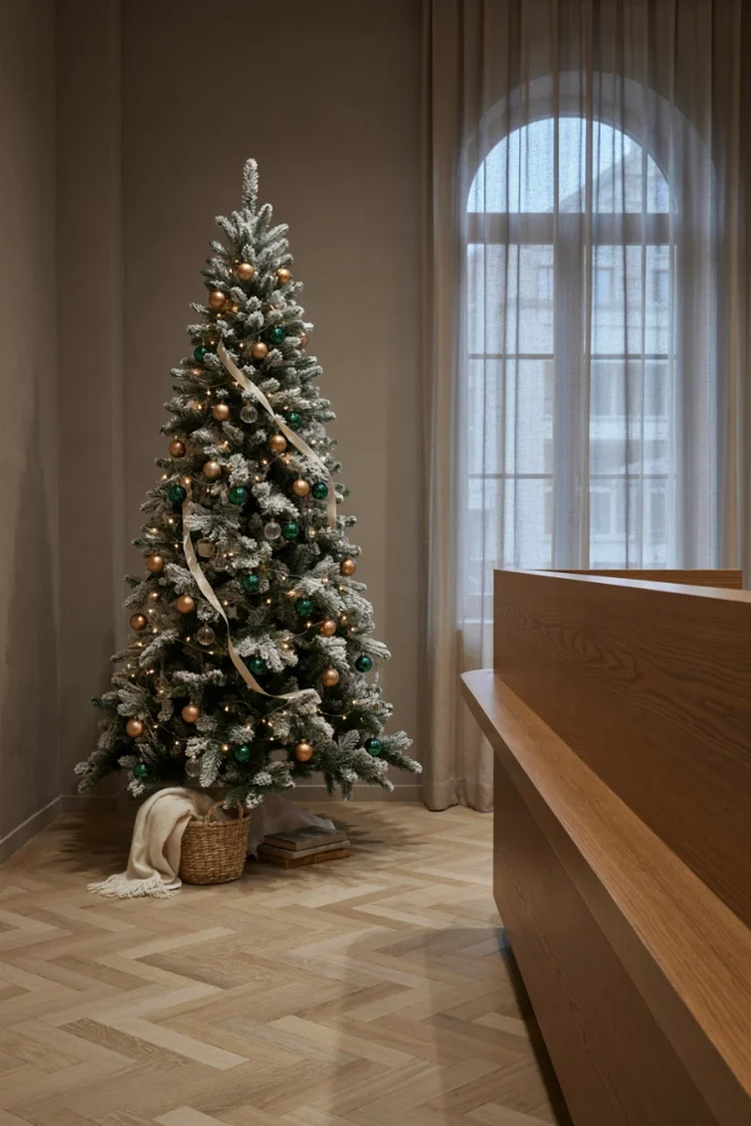 Slim, all-white flocked Christmas tree in a corporate lobby corner decorated with silver ornaments and white lights