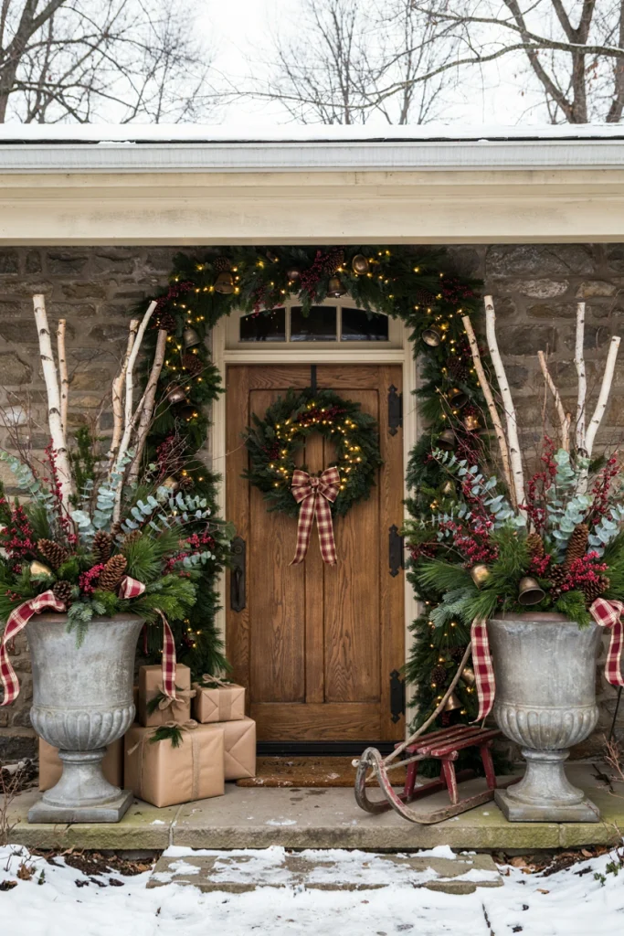 Oversized galvanized metal urns overflowing with greenery flanking a front door