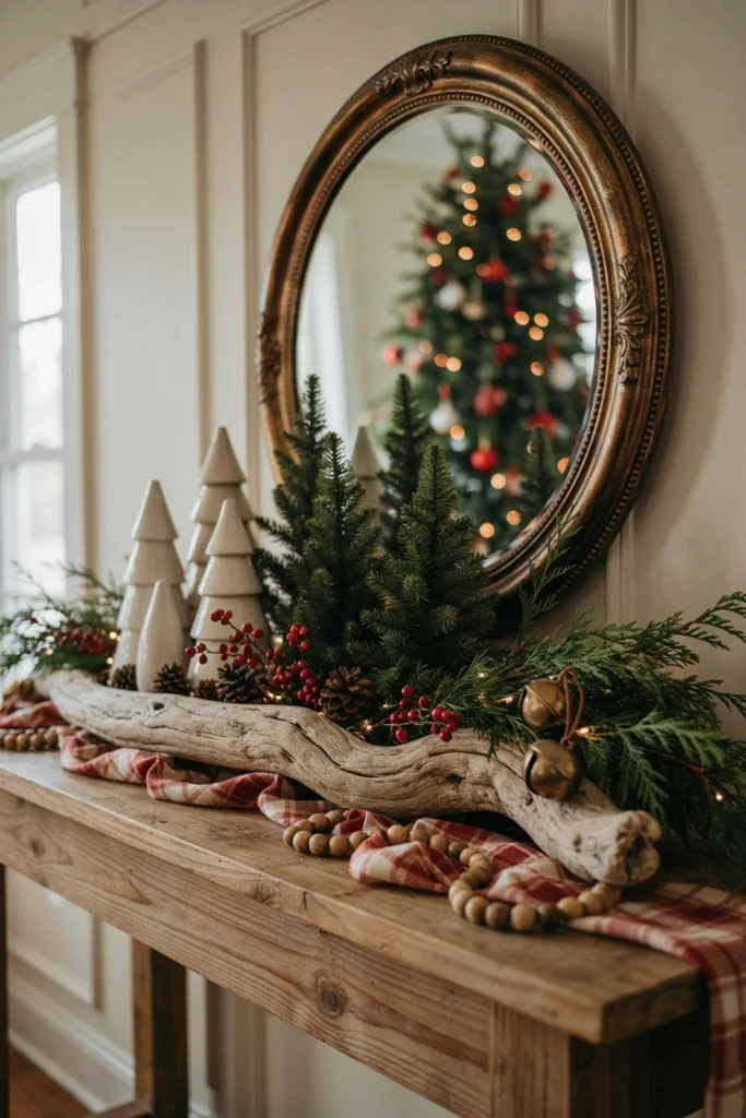 Weathered driftwood laid flat on a console table with three cream pillar candles