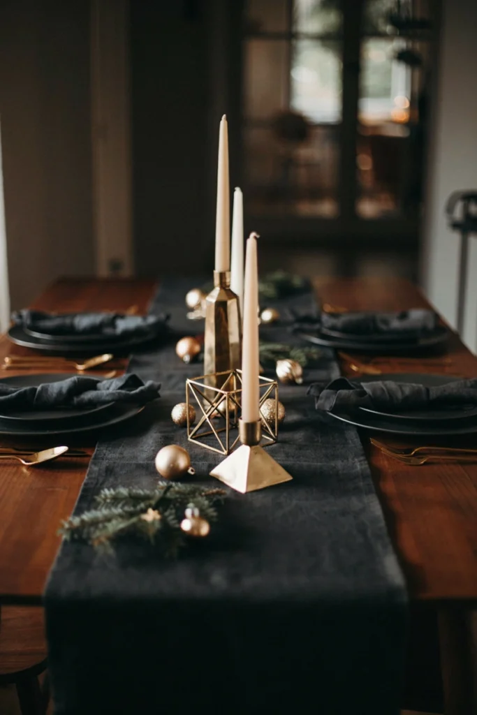 Matte black table runner with brass geometric candle holders at varying heights and small gold ornaments