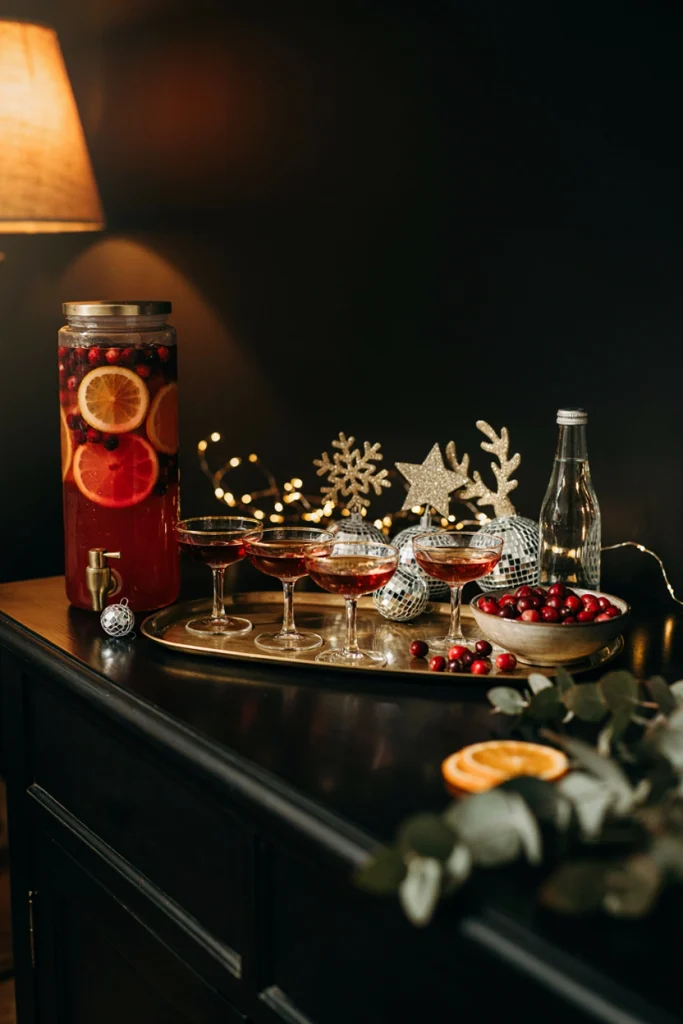 Moody holiday mocktail bar setup with syrups, garnishes, and glassware, fully non-alcoholic