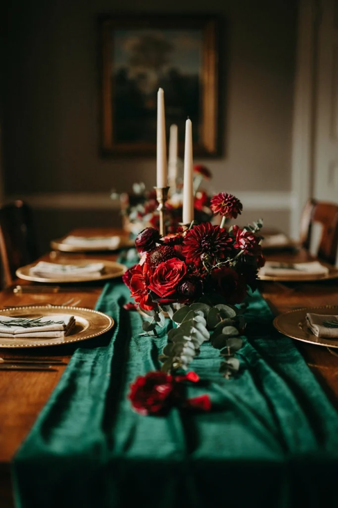 Deep emerald table runner with gold chargers, tall gold candlesticks, and a burgundy floral arrangement