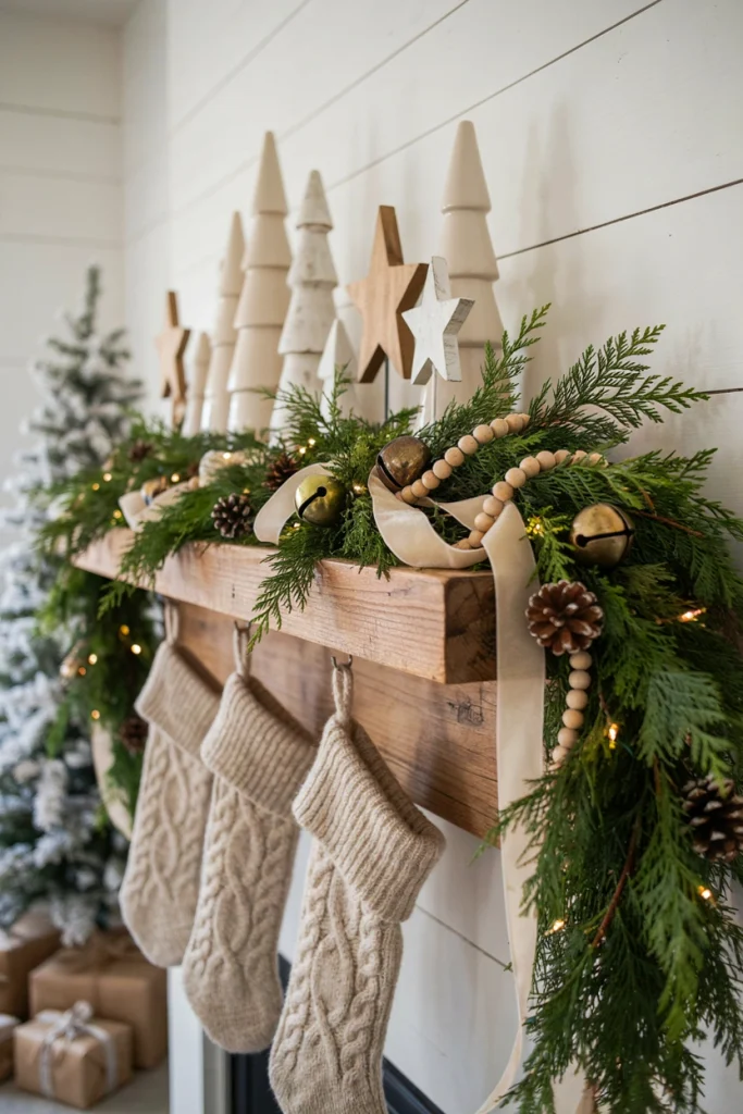 Minimal neutral farmhouse mantel with cream candles of varying heights and a single greenery sprig