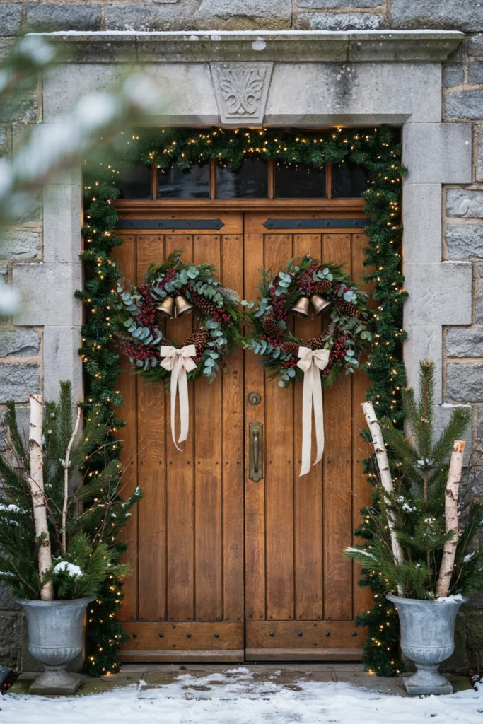 Matching oversized greenery wreaths hung on a pair of double front doors