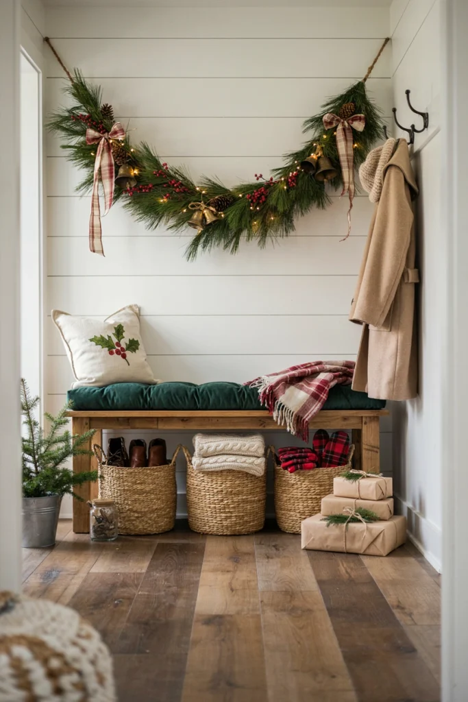 Wood entry bench with woven baskets, a folded plaid throw, and a greenery swag