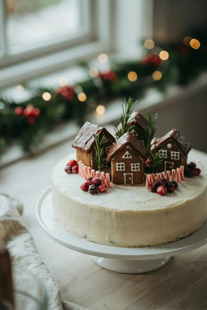 Round frosted cake topped with a tiny gingerbread house village and powdered sugar snow