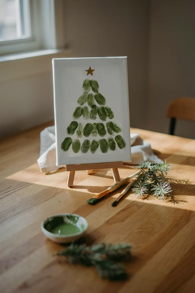 Small canvas with rows of green handprints forming a Christmas tree shape topped with a gold fingerprint star