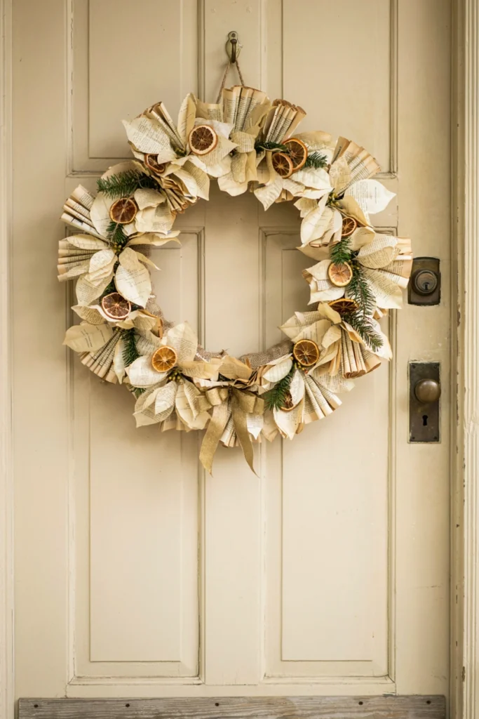 Paper poinsettia flowers folded from old book pages arranged in a wreath on a front door