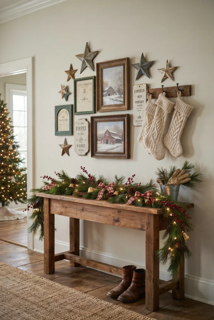 Rustic wood plaque sign hung above an entryway bench with stockings