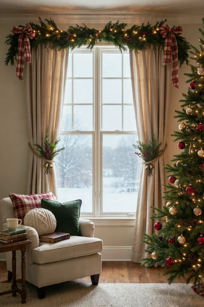 Living room window with oatmeal-toned linen curtains and a greenery sprig tucked in the tieback