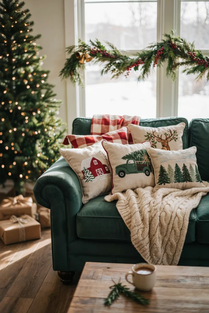 Sofa corner styled with illustrated sleigh ride and farm tree Christmas throw pillows