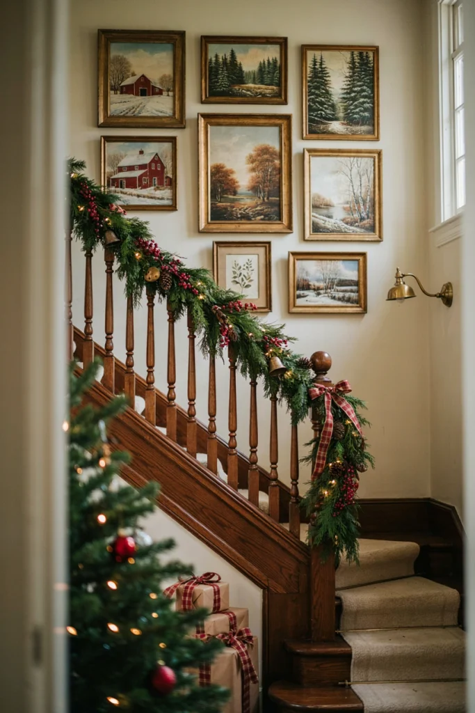 Staircase gallery wall swapped with framed vintage-style winter landscape prints