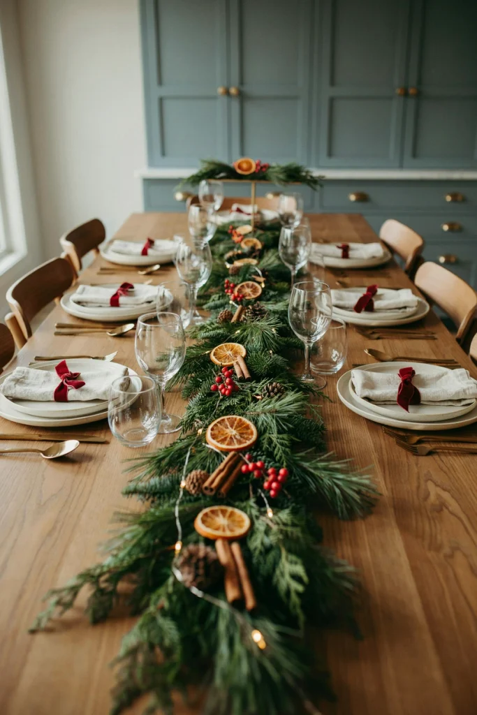 Loose pine garland centerpiece with dried orange slices, cinnamon sticks, and white candles
