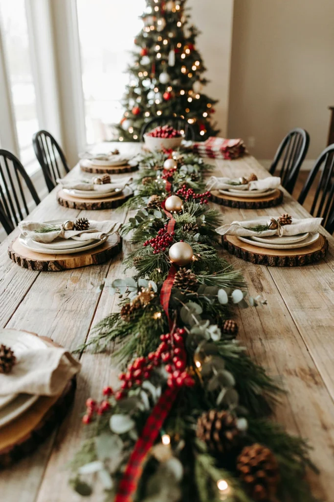 Dining table centerpiece built on wood slice chargers with candles and pinecones