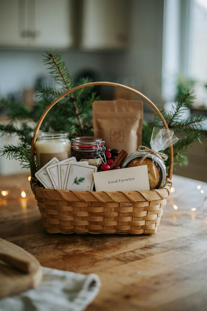 Shop local holiday Christmas auction basket with fanned gift cards from local businesses