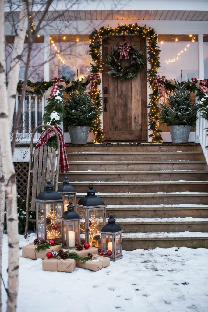 Front porch steps lined with battery lanterns and potted evergreens at dusk