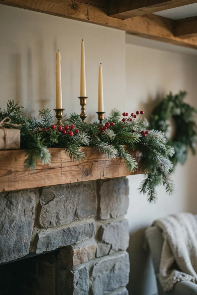 Farmhouse mantel with layered frosted pine and red berry garland lit by candlelight