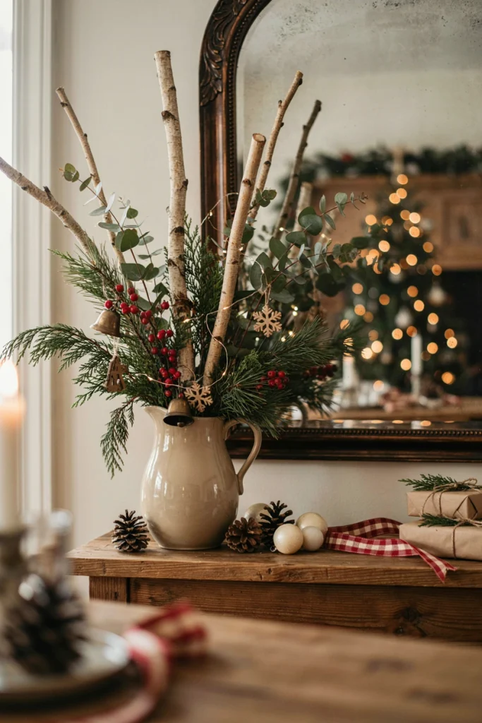 Tall stoneware pitcher filled with bare, unadorned birch branches on a hearth