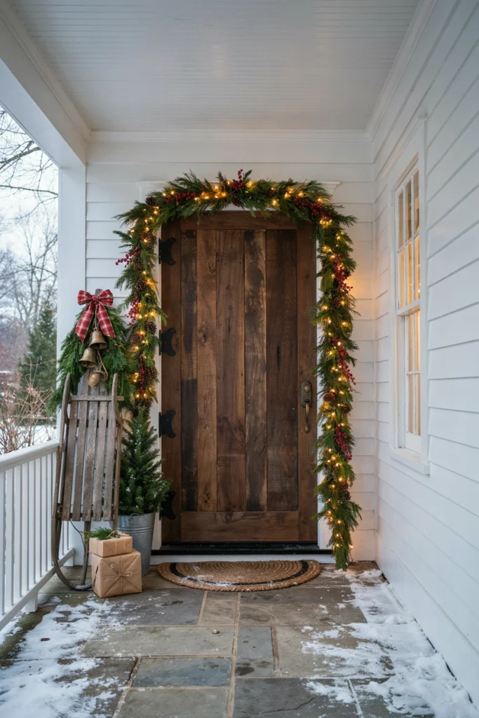 Vintage-style wooden sled leaned against a farmhouse front door with a potted evergreen