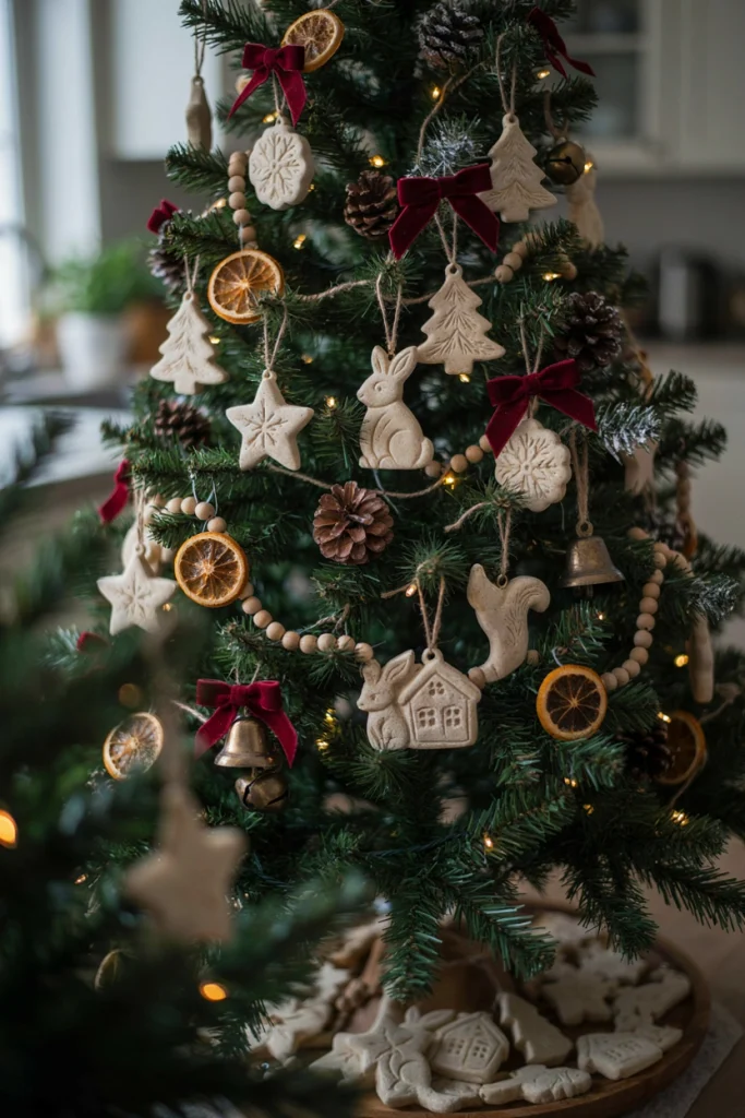 Handmade salt dough ornaments shaped like stars and trees, tied with jute twine