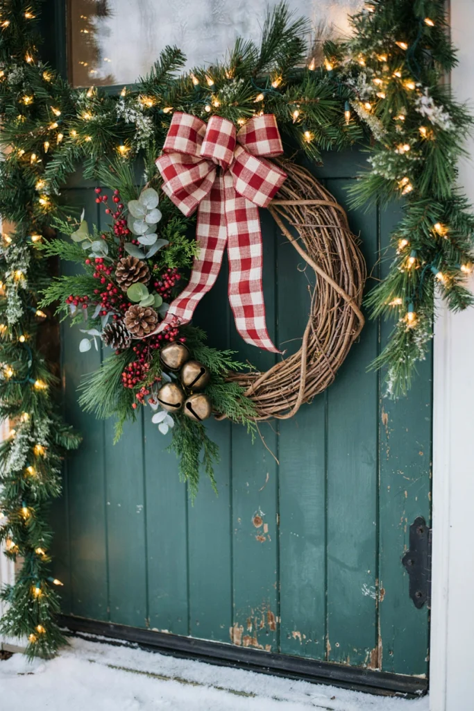 Bare grapevine wreath on a front door accented with a single oversized buffalo plaid bow