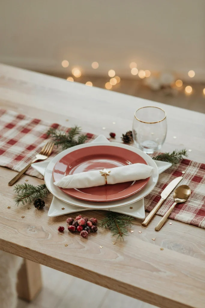 Star-shaped gold-rimmed charger plates layered with a red plate
