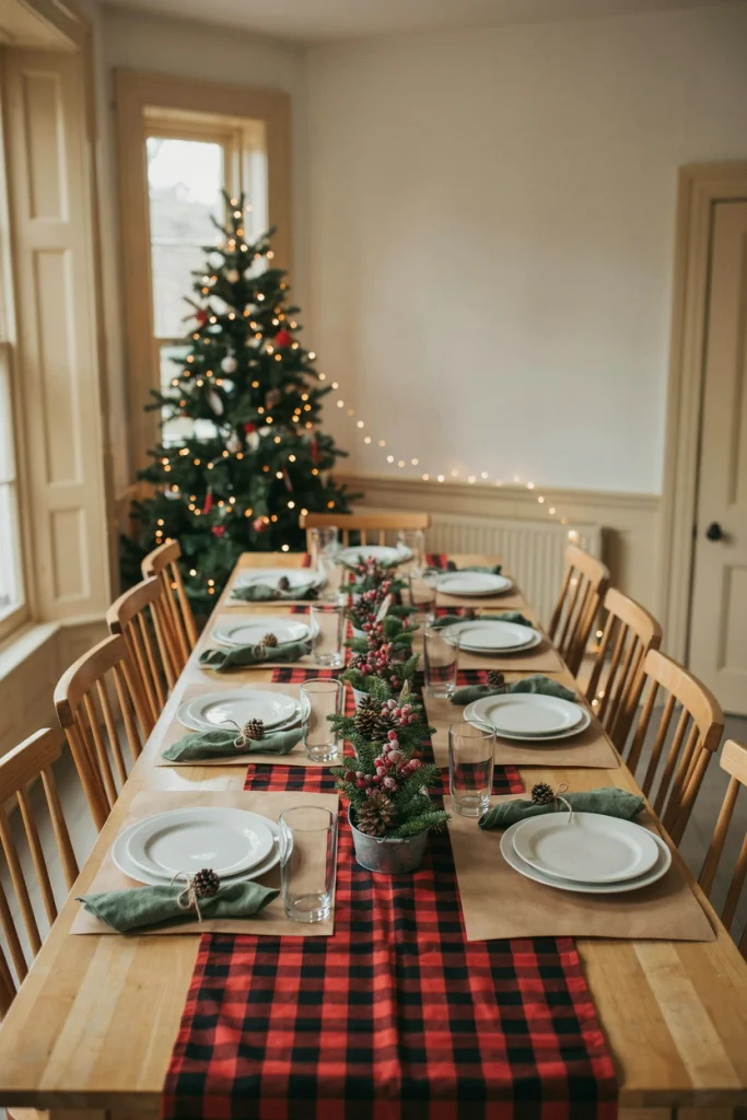 Table set with red buffalo plaid runner, kraft placemats, and pinecones
