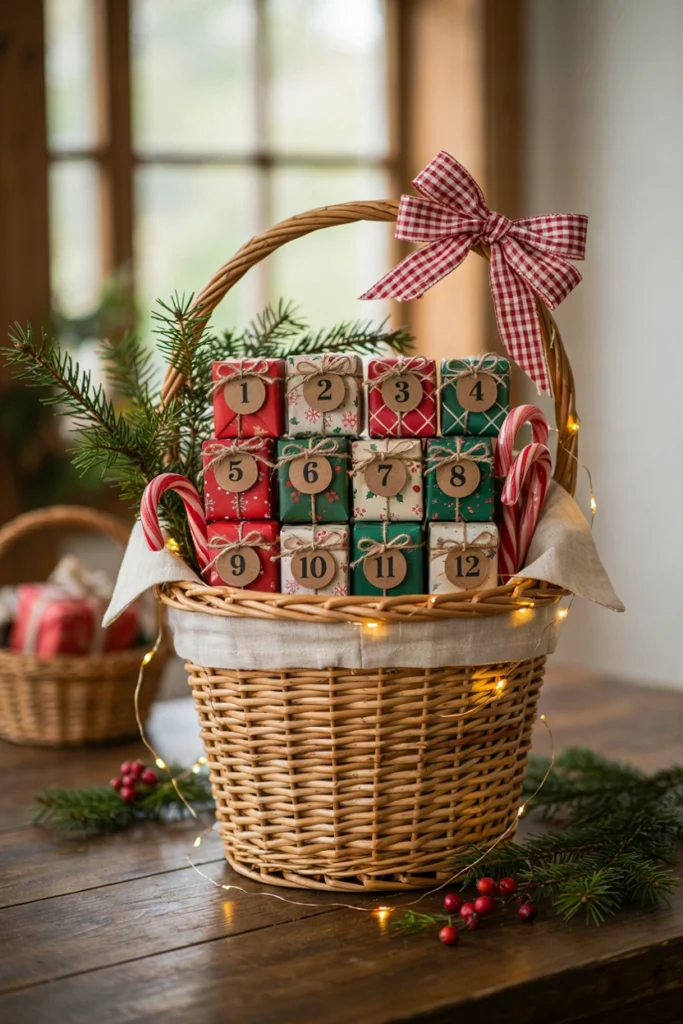 12 Days of Christmas family auction basket with twelve labeled mini gifts