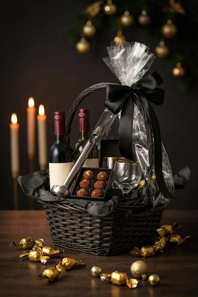 Wine and chocolate indulgence Christmas auction basket wrapped in black and gold ribbon