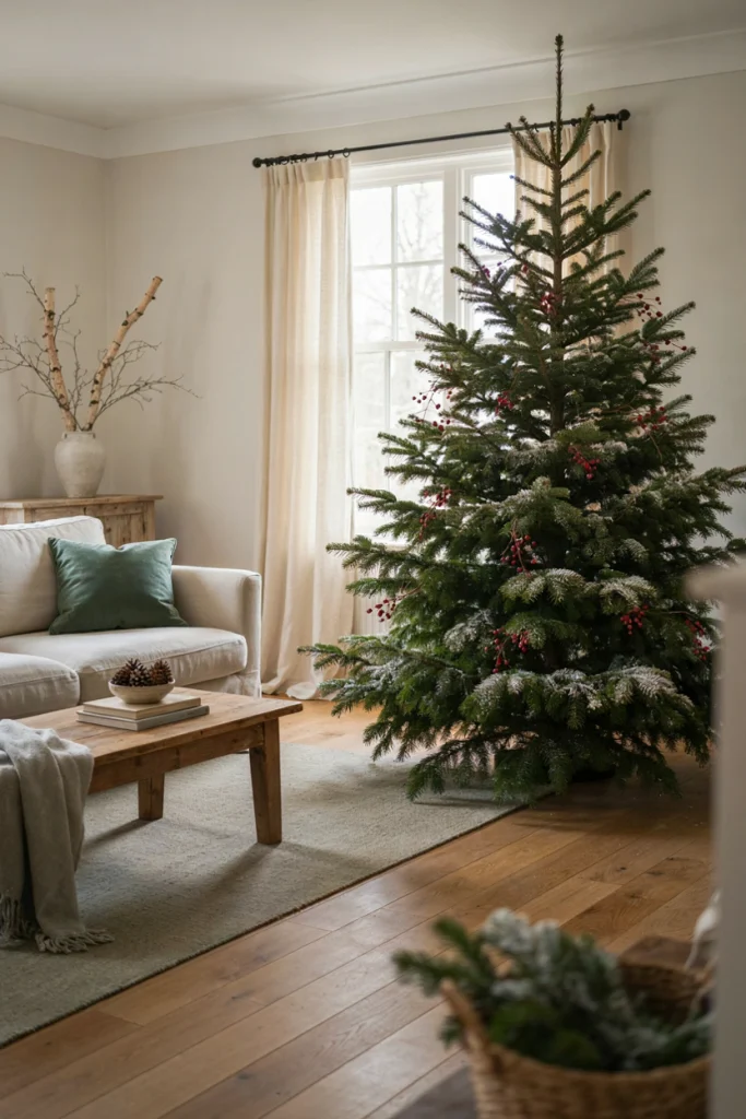 Frosted snowy pine branches and red berry stems woven into a farmhouse Christmas tree