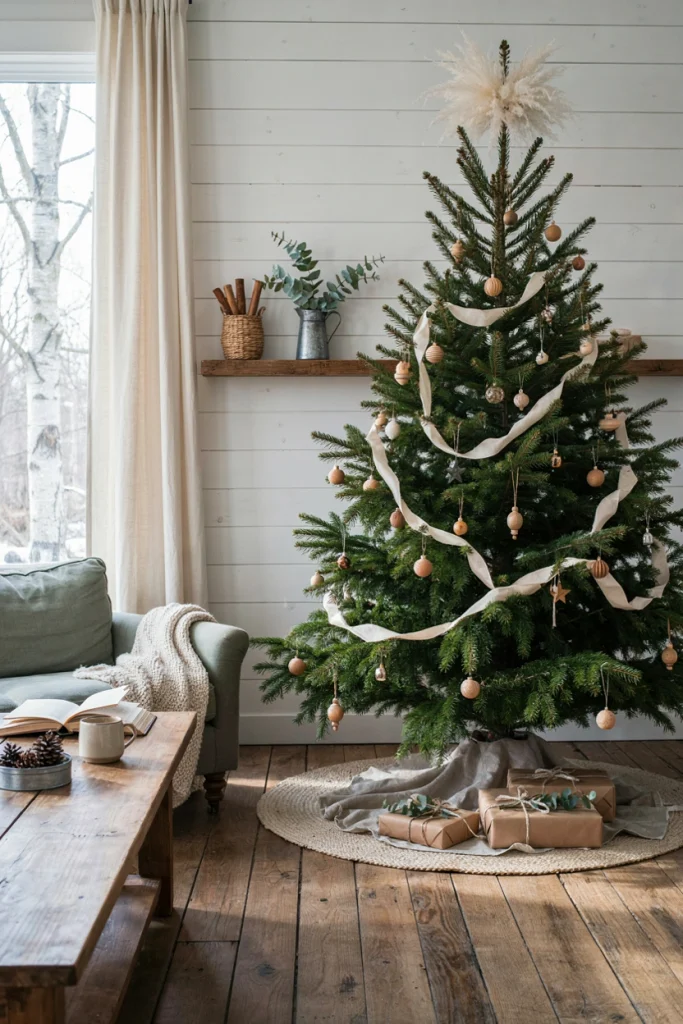 Farmhouse Christmas tree topped with an oversized cluster of cotton stems
