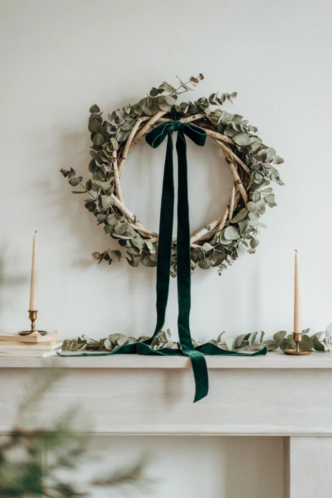 Deep forest green velvet ribbon bow on a neutral Christmas wreath
