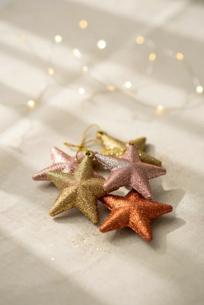 Cluster of star-shaped ornaments in gold, rose gold, and holographic glitter arranged together with warm white holiday lights in the background