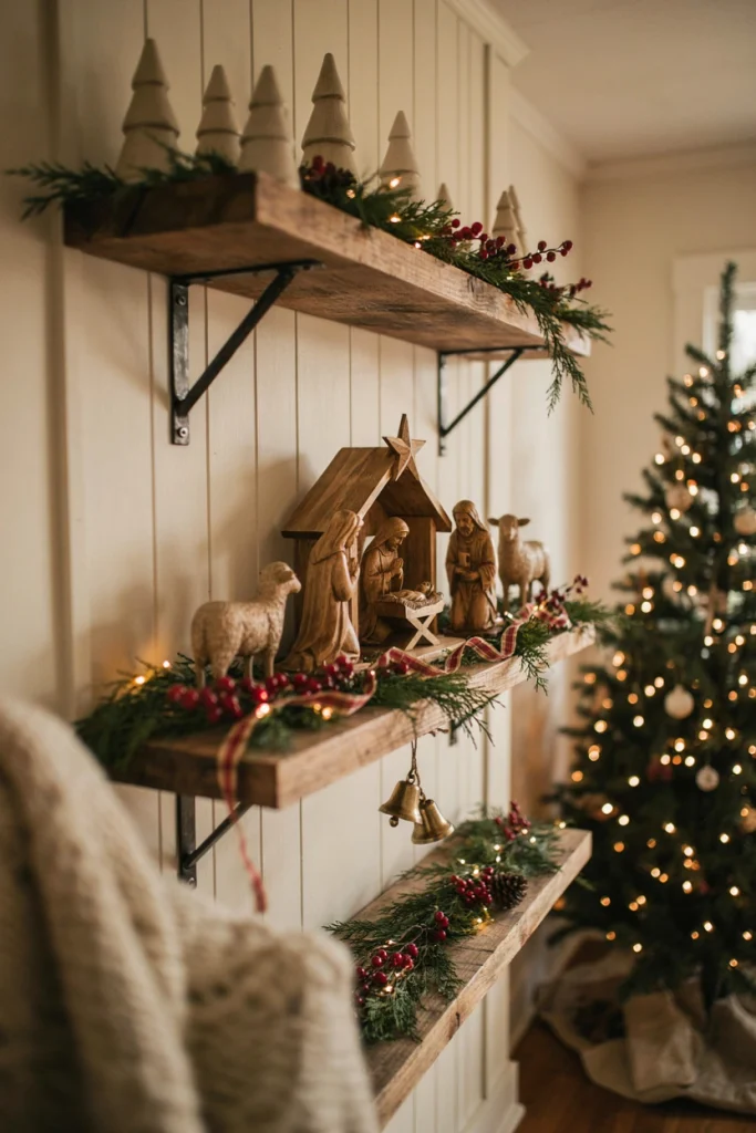 Small wood nativity set displayed on a floating shelf flanked by a pine garland and candle