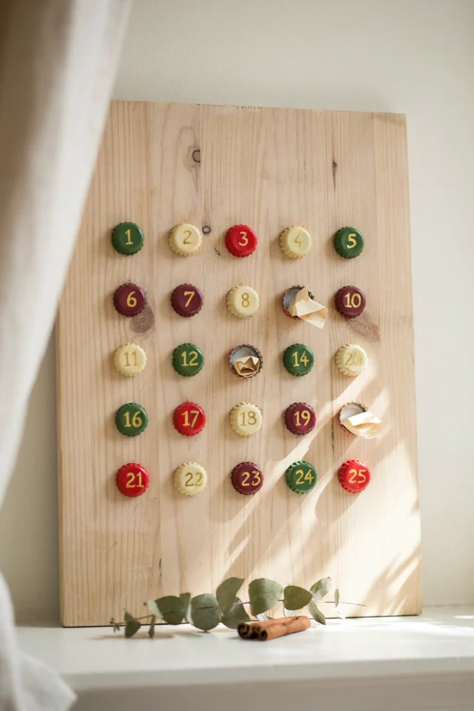 Twenty-five painted metal bottle caps numbered and mounted in a grid on a wood board