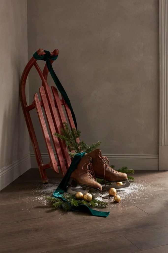 Vintage wooden sled and a pair of old ice skates propped decoratively against a wall, dusted with fake snow