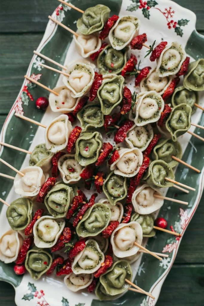 Garlic parmesan tortellini skewers with fresh parsley