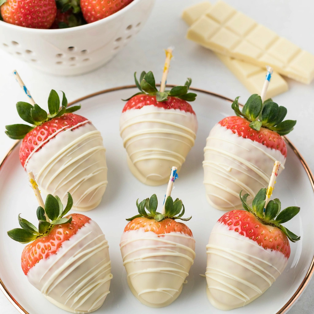Chocolate-dipped strawberries styled to look like Santa hats