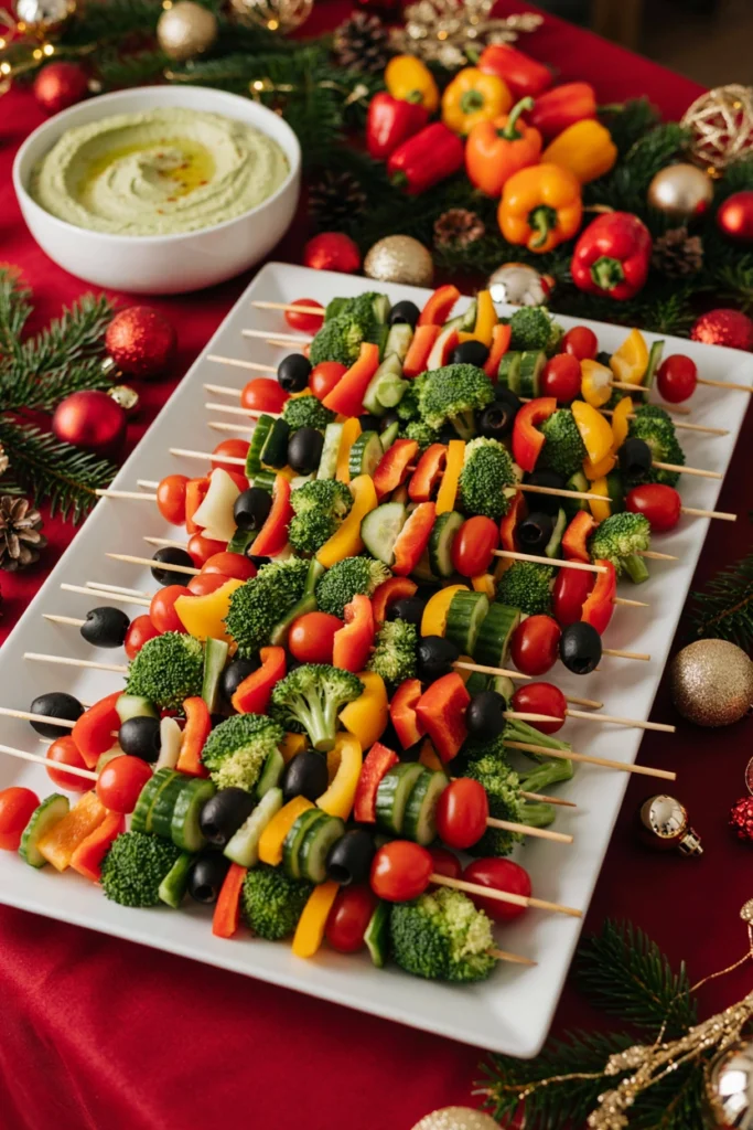 Red and green rainbow veggie skewers with bell pepper, cucumber, and cherry tomato