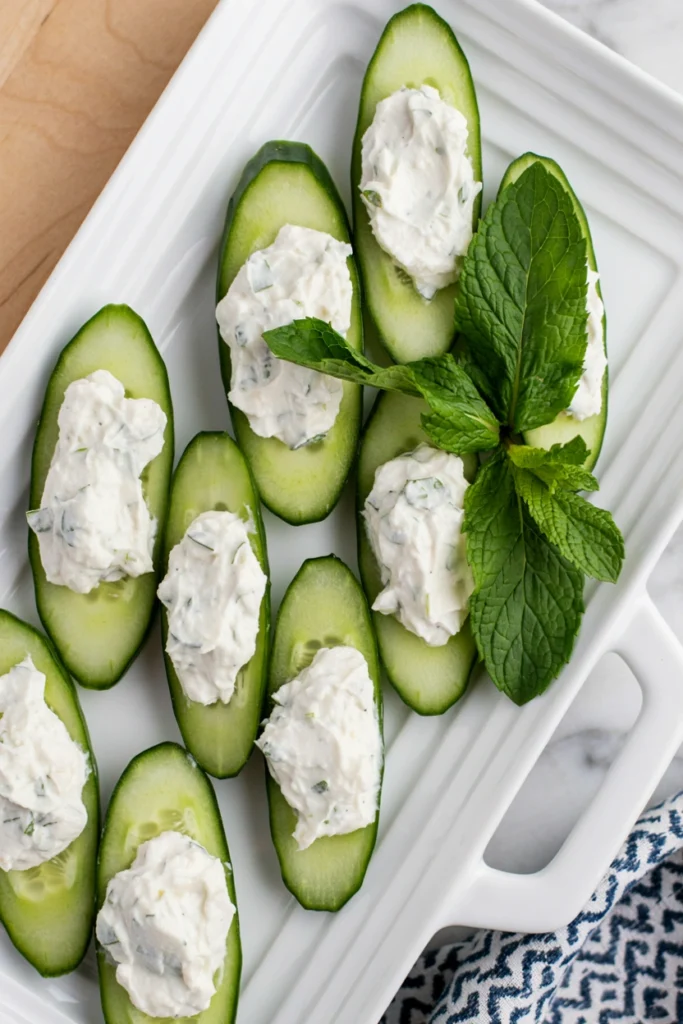Cucumber feta bites topped with dill on a dark slate platter