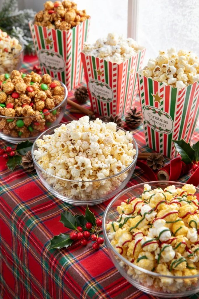 Christmas popcorn bar with white chocolate drizzle, red and green M&Ms, and crushed peppermint