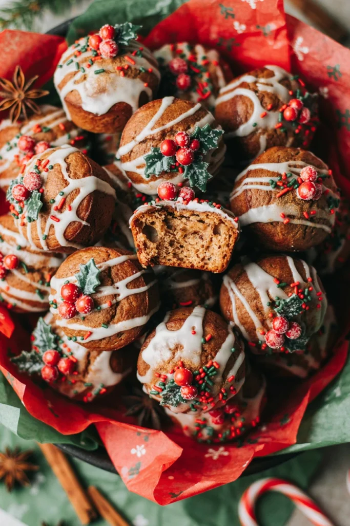 Gingerbread bites topped with cream cheese frosting on a dessert stand