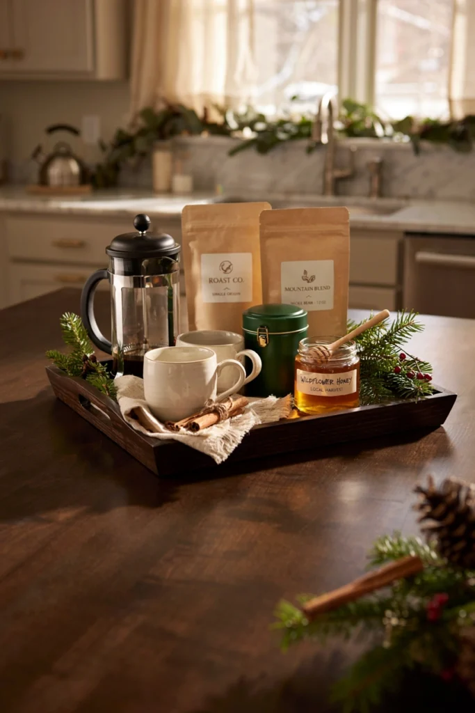 Coffee and tea lover's retreat Christmas auction basket with French press and mugs