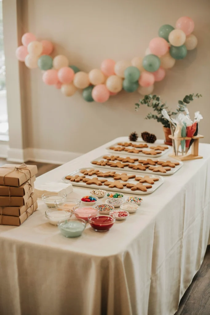 Empty table staged into two competing cookie decorating stations with icing and sprinkles laid out