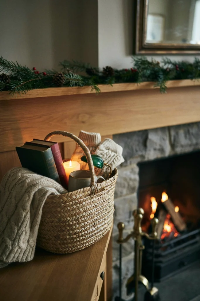 Book lover's fireside Christmas auction basket with reading lamp, candle, and mug