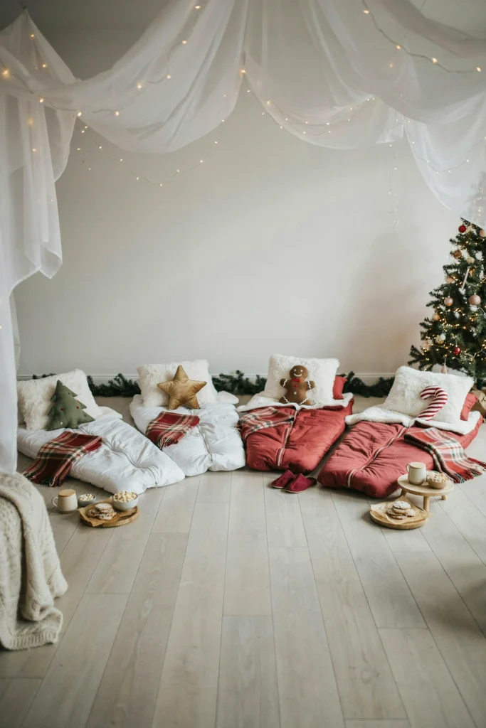 Sleeping bags arranged in a star pattern under a canopy of warm fairy lights