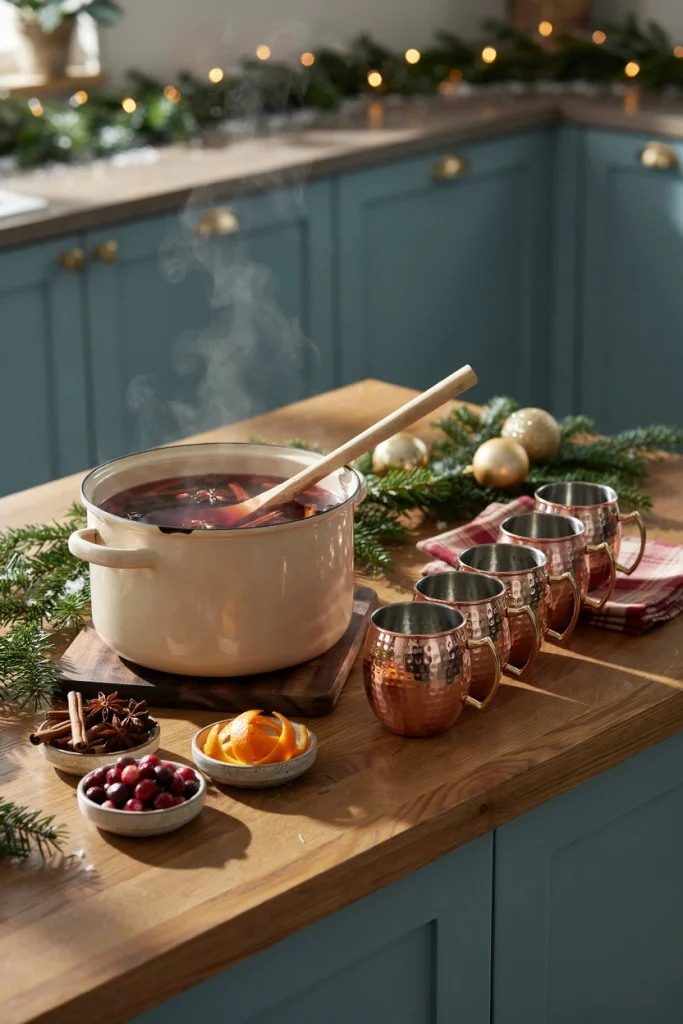 Mulled wine drink station with copper mugs, cinnamon sticks, and a chalkboard sign