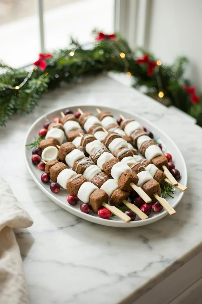 Cubes of gingerbread cake alternating with marshmallows on a skewer