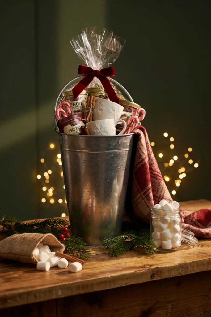 Hot cocoa bar Christmas auction basket with mugs, marshmallows, and a plaid blanket